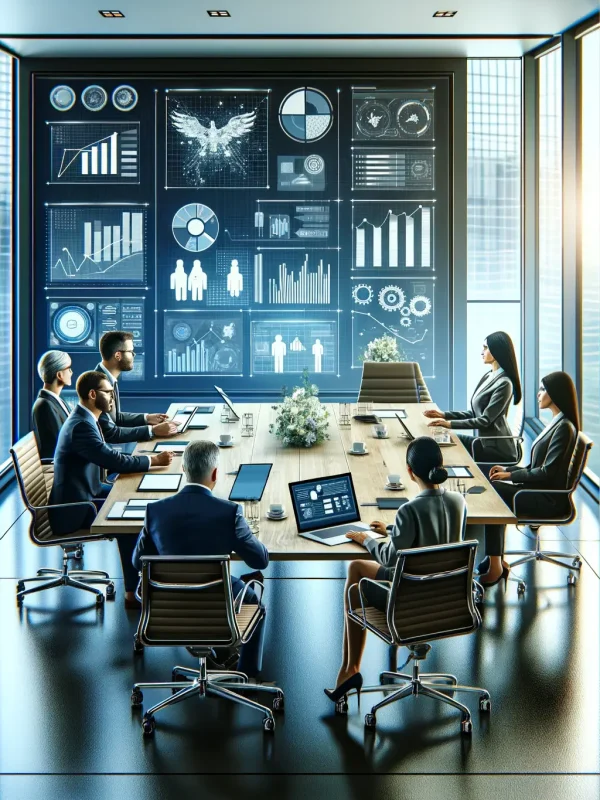 DALL·E 2024-05-26 11.31.34 - A professional vertical image showing a boardroom table where executives and a client are working together in a very organized and paperless manner. T